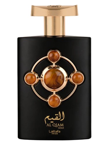 Lattafa Al Qiam Gold Eau de Parfum 100 ml bottle – fruity saffron opening with leather, oud, and warm amber woody base