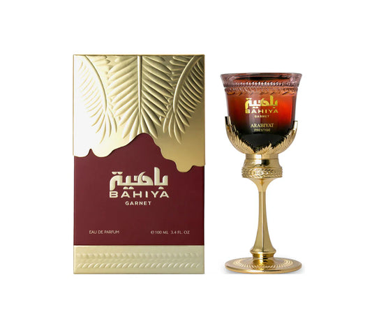 Arabiyat Prestige Bahiya Garnet 100 ml bottle – fruity floral fragrance with warm amber vanilla musk base.