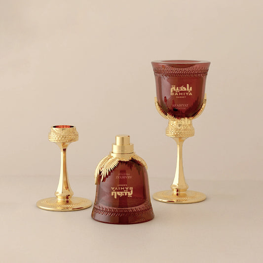 Arabiyat Prestige Bahiya Garnet 100 ml bottle – fruity floral fragrance with warm amber vanilla musk base.
