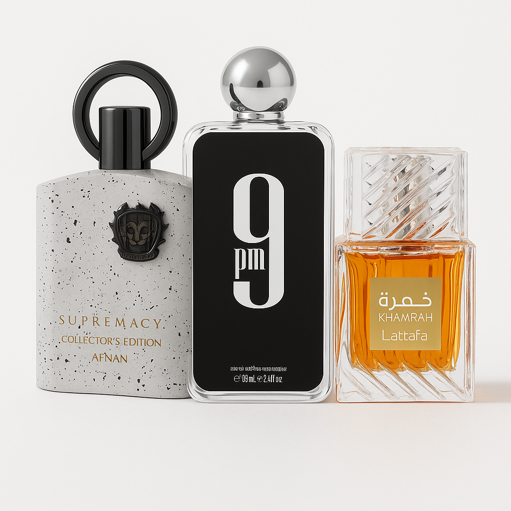 3 Perfume Bundle – Khamrah, Supremacy Collectors, Afnan 9PM | Habibi Perfumes