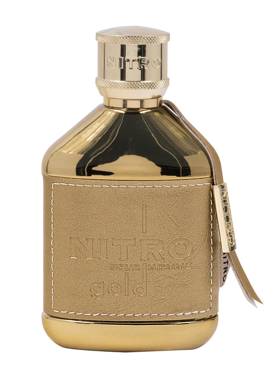 Dumont Nitro Gold Eau de Parfum 100 ml bottle – fruity sweet fragrance with gourmand notes and warm amber woody base