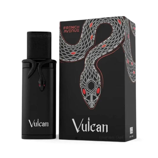 French Avenue Vulcan Black Friday Eau de Parfum 100 ml bottle – saffron apple cinnamon opening with leather rose heart and earthy patchouli musk base