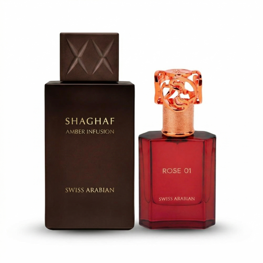 Swiss Arabian Shaghaf bundle with Amber Infusion and Rose 01 fragrances – amber and floral perfume duo