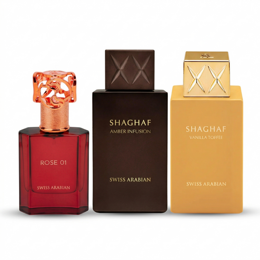 Swiss Arabian Shaghaf Collection bundle set featuring Vanilla Toffee, Amber Infusion, and Rose 01 fragrances