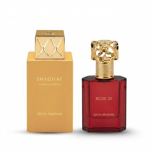 Swiss Arabian bundle with Shaghaf Vanilla Toffee and Rose 01 fragrances – gourmand and floral perfume duo