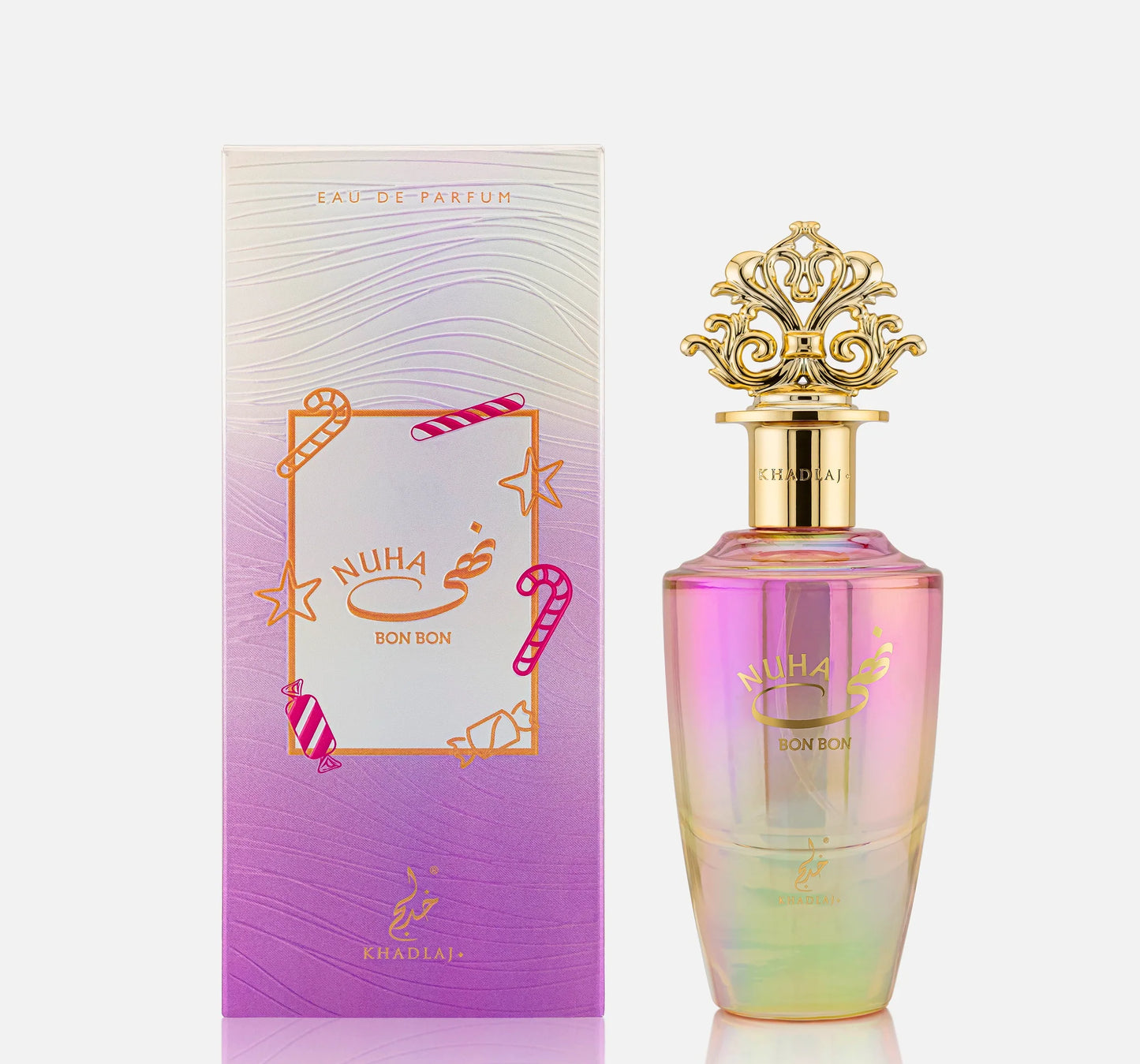 Khadlaj Nuha Bon Bon Eau de Parfum 85 ml bottle – creamy fruity gourmand fragrance with strawberry, milk, peach, ice cream, and vanilla absolute base