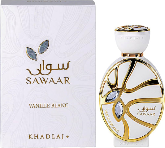 Khadlaj Sawaar Vanille Blanc Eau de Parfum 100 ml bottle – creamy vanilla fragrance with warm amber and smooth musky base