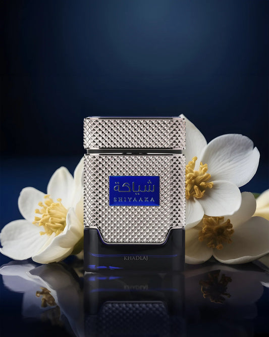 Khadlaj Shiyaaka Blue Eau de Parfum 100 ml bottle – fresh citrus aromatic fragrance with smooth woody musky base