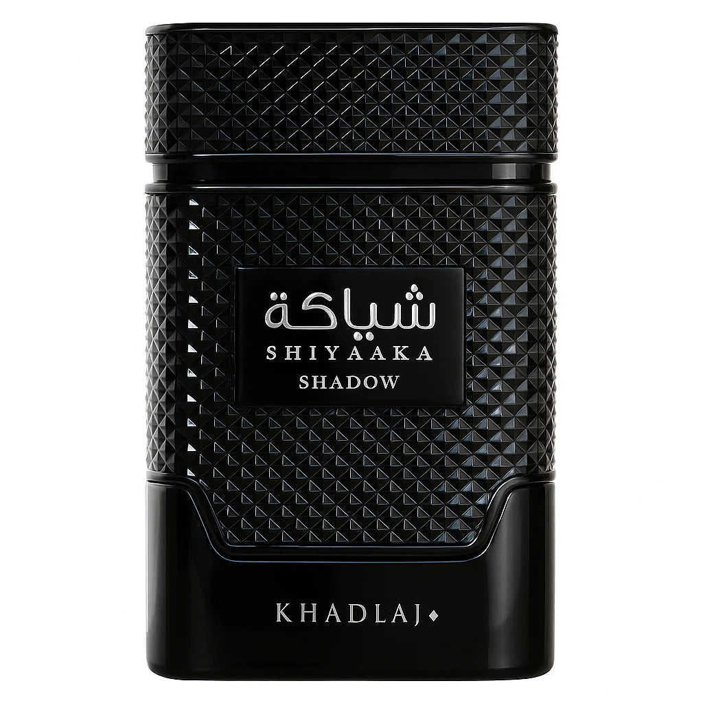 Khadlaj Shiyaaka Shadow 100 ml (3.4 oz) bottle – citrus aromatic opening over spicy woods and amber musk woody base.