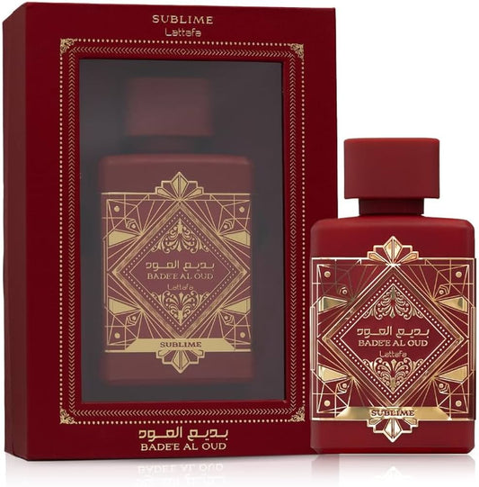 Lattafa Bade’e Al Oud Sublime 100 ml bottle – fruity gourmand fragrance with plum, vanilla, oud, and amber base.
