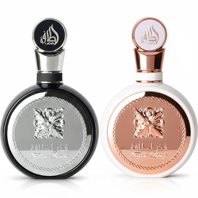 Lattafa Fakhar His & Hers Bundle – two full-size perfumes featuring Fakhar Black and Fakhar Rose for a refined couples fragrance set.