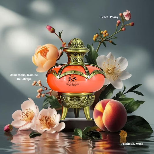 Lattafa Durrah Eau de Parfum 100 ml bottle – fruity floral fragrance with bergamot, jasmine, rose, and creamy vanilla musky base