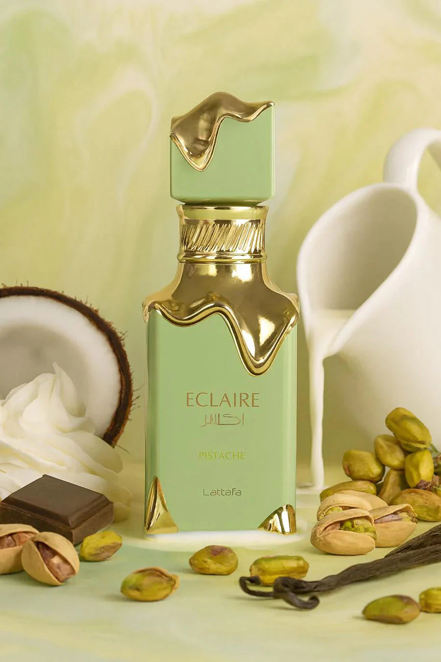 Lattafa Eclaire Pistache Eau de Parfum 100 ml bottle – creamy pistachio gourmand fragrance with cacao, coconut, vanilla, and milky musky base