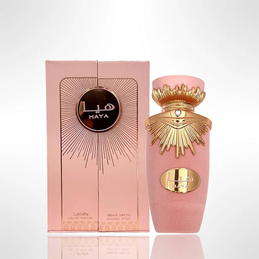 Lattafa Haya 100 ml bottle – sparkling fruity floral fragrance with champagne, vanilla, and musk base.