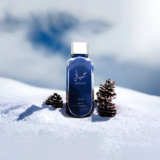 Lattafa Hayaati Al Maleky Eau de Parfum 100 ml bottle โ fresh spicy woody fragrance with bergamot, incense, cedarwood, amber, and musky base