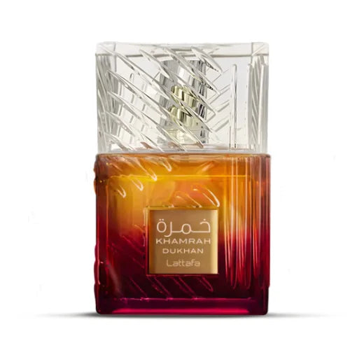 Lattafa Khamrah Dukhan 100 ml bottle – smoky cinnamon gourmand fragrance with oud, vanilla, and amber woods.