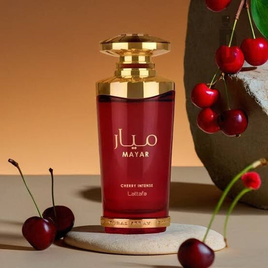 Lattafa Mayar Cherry Intense 100 ml (3.4 oz) bottle – deep cherry and red fruits with soft floral amber musk woody base.