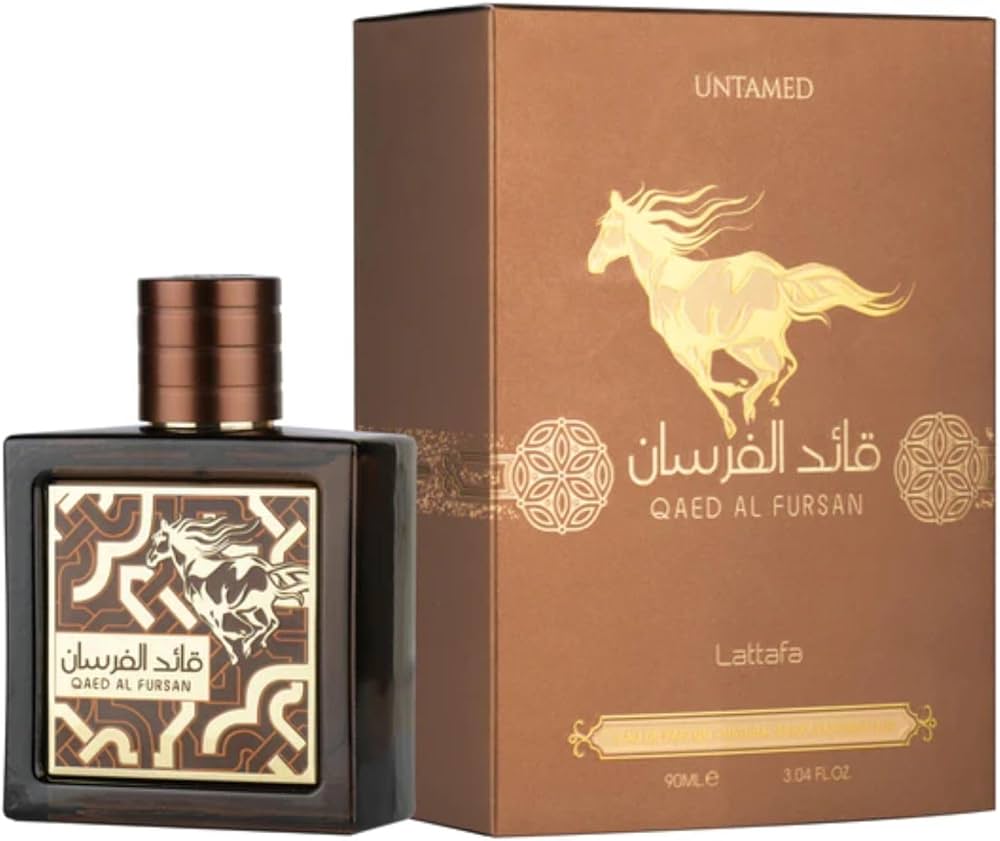 Lattafa Qaed Al Fursan Untamed 100 ml bottle – smoky woody fragrance with spiced amber and oud musk base.