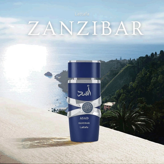 Lattafa Asad Zanzibar Eau de Parfum 100 ml bottle – tropical spicy woody fragrance with coconut water, vanilla, incense, and aromatic lavender base