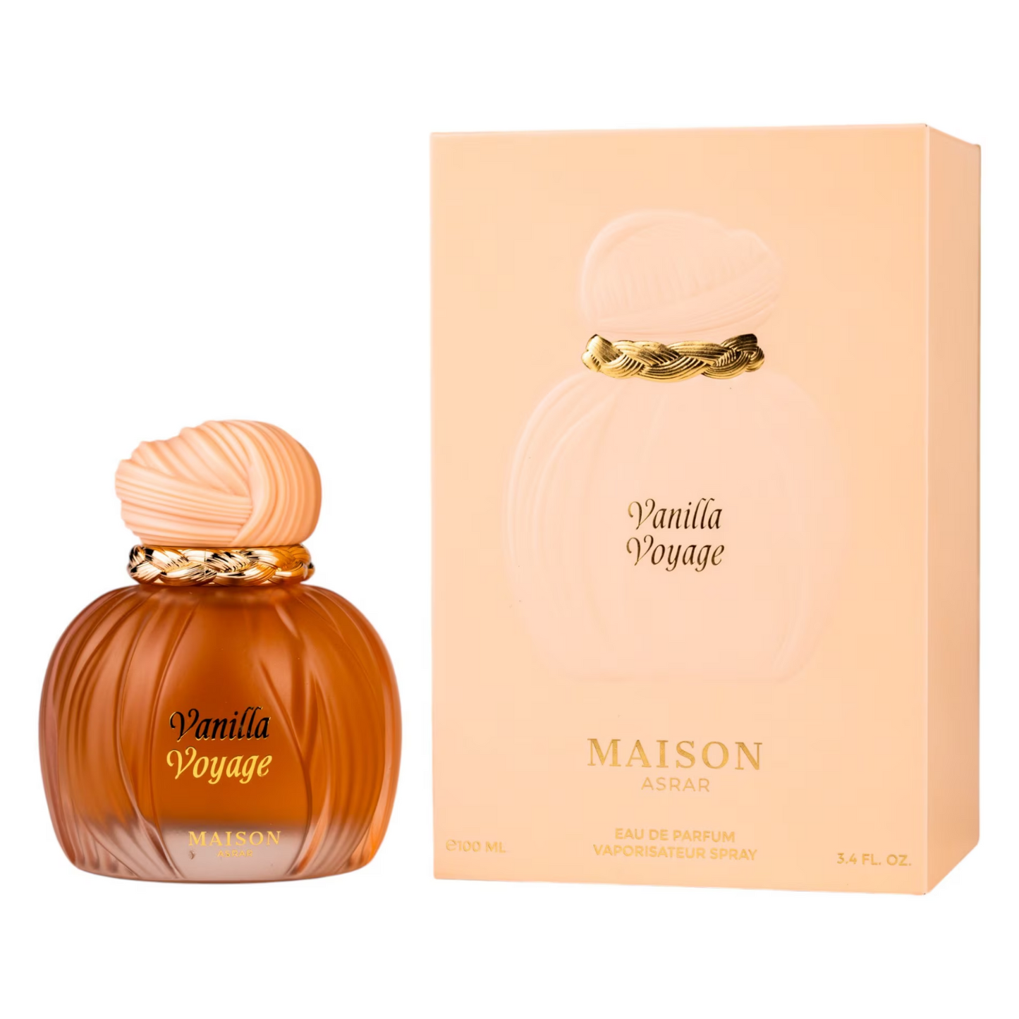 Maison Asrar Vanilla Voyage Eau de Parfum 100 ml bottle – tropical vanilla gourmand fragrance with coconut, amber, sandalwood, and creamy musky base