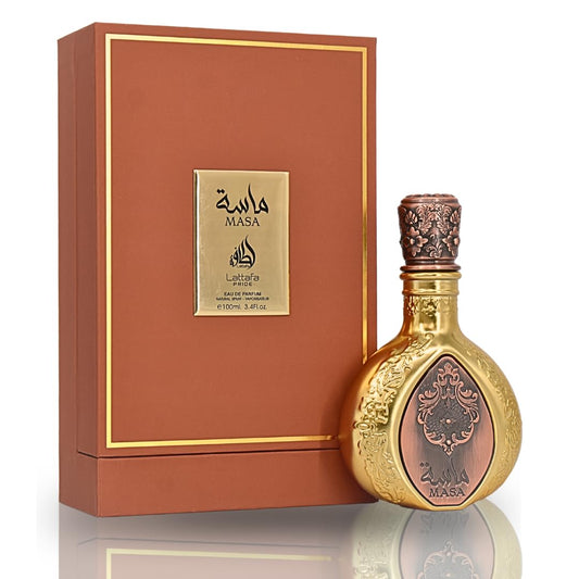 Lattafa Masa Eau de Parfum 100 ml bottle – fruity floral fragrance with warm amber and smooth woody musky base