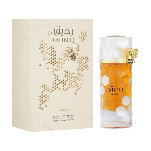 Nusuk Raheeq Eau de Parfum 100 ml bottle – floral amber fragrance with soft sweetness and smooth musky woody base