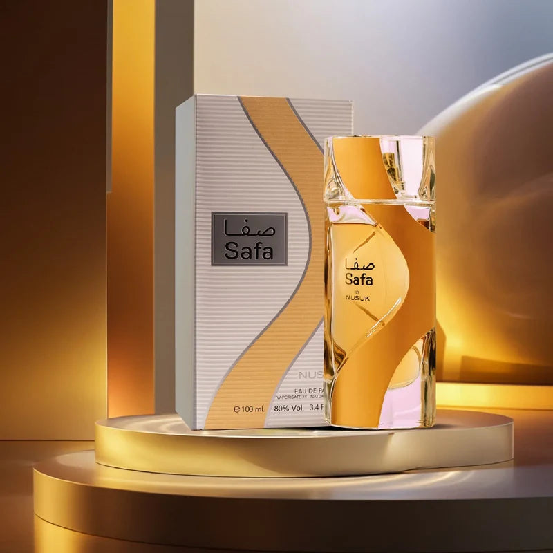 Nusuk Safa Eau de Parfum 100 ml bottle โ warm spicy woody fragrance with amber, vanilla, oud, and musky base