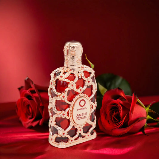 Orientica Amber Rouge 80 ml (approx. 2.7 oz) bottle – spiced citrus floral amber perfume with silky woody musk base.