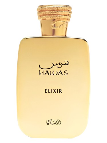 Rasasi Hawas Elixir 100 ml (3.4 oz) bottle β mint citrus opening over amber vanilla woody musk base.