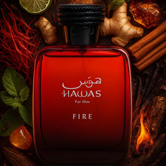 Rasasi Hawas Fire Eau de Parfum 100 ml bottle โ sweet fruity fragrance with warm spices and amber woody musky base