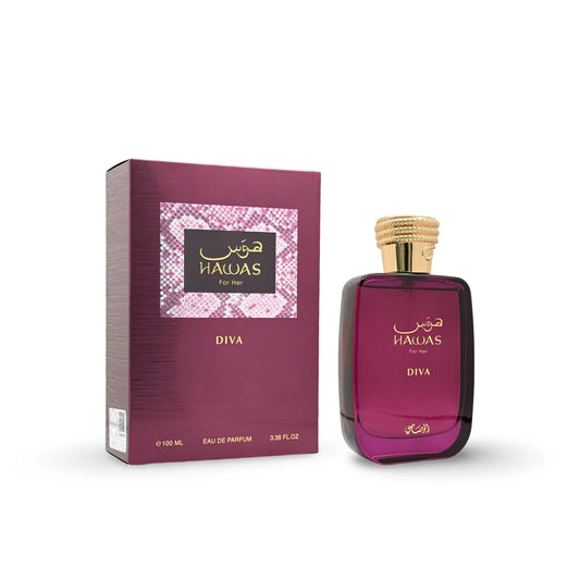 Rasasi Hawas for Her Diva 100 ml (3.4 oz) bottle – fresh berry floral opening over a clean amber woody musk base.