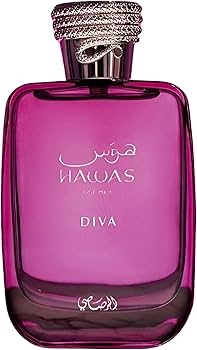 Rasasi Hawas for Her Diva 100 ml (3.4 oz) bottle – fresh berry floral opening over a clean amber woody musk base.