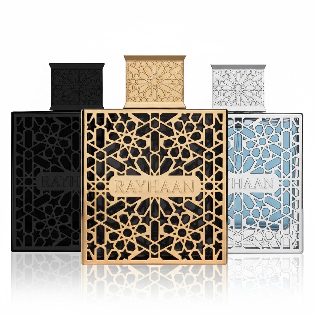 Rayhaan Essentials Bundle β three full-size Rayhaan perfumes featuring Elixir, Obsidian, and Aquatica for fresh, dark, and bold signature wear.