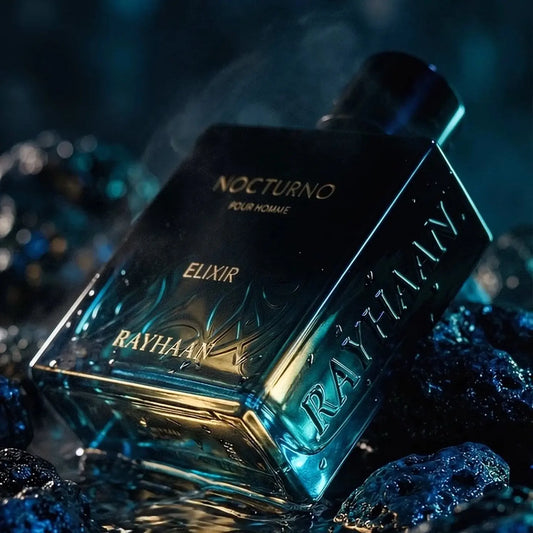 Rayhaan Nocturno Elixir Eau de Parfum 100 ml bottle โ warm spicy woody fragrance with cardamom, incense, vanilla, amber, and musky patchouli base