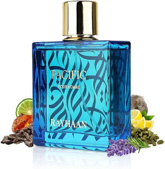 Rayhaan Pacific for Men Eau de Parfum 100 ml (3.4 oz) bottle – fresh citrus aquatic men’s fragrance with woody musk base.