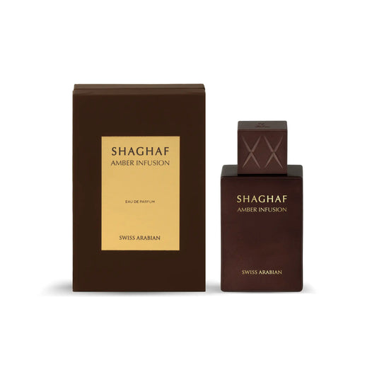Swiss Arabian Shaghaf Amber Infusion Extrait de Parfum 75 ml bottle โ spicy amber opening with creamy vanilla heart and deep resinous woody base
