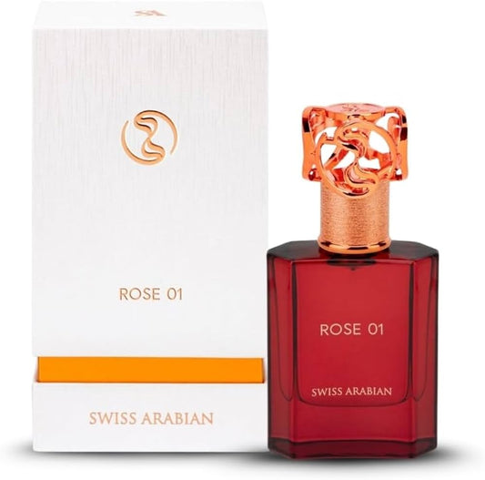 Swiss Arabian Rose 01 Eau de Parfum 50 ml bottle – fruity lychee opening with Bulgarian rose heart and vanilla musk base