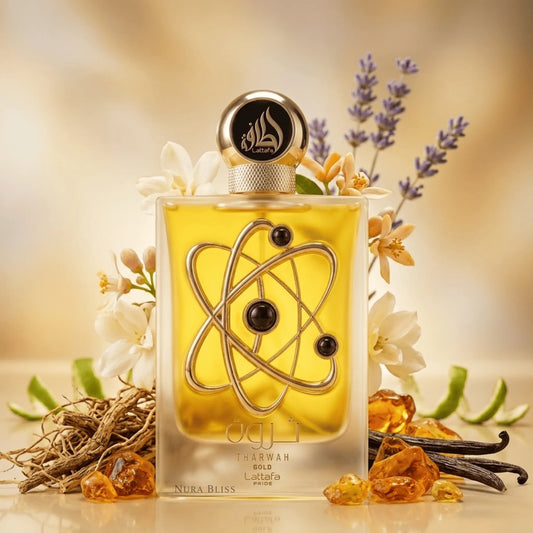 Lattafa Tharwah Gold Eau de Parfum 100 ml bottle – floral musk fragrance with bergamot, jasmine, vanilla, amber, and soft woody base