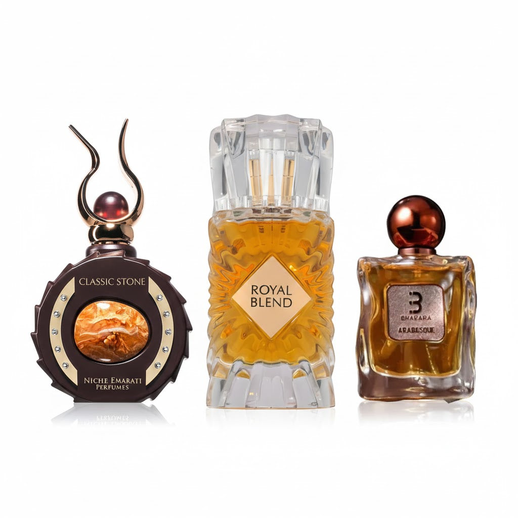 Winter Nights Signature Bundle β three full-size elegant winter perfumes featuring Classic Stone, Royal Blend, and Arabesque for refined evening wear.