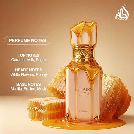 Lattafa Eclaire Eau de Parfum 100 ml bottle – creamy caramel gourmand fragrance with milk, honey, vanilla, and praline musky base