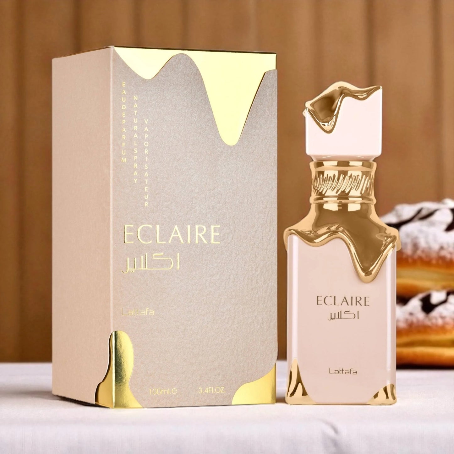Lattafa Eclaire Eau de Parfum 100 ml bottle – creamy caramel gourmand fragrance with milk, honey, vanilla, and praline musky base