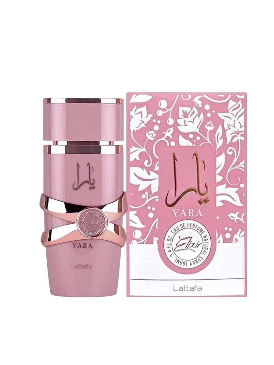 Lattafa Yara Elixir Eau de Parfum 100 ml bottle – sweet fruity gourmand fragrance with strawberry, vanilla, amber, and creamy musky base