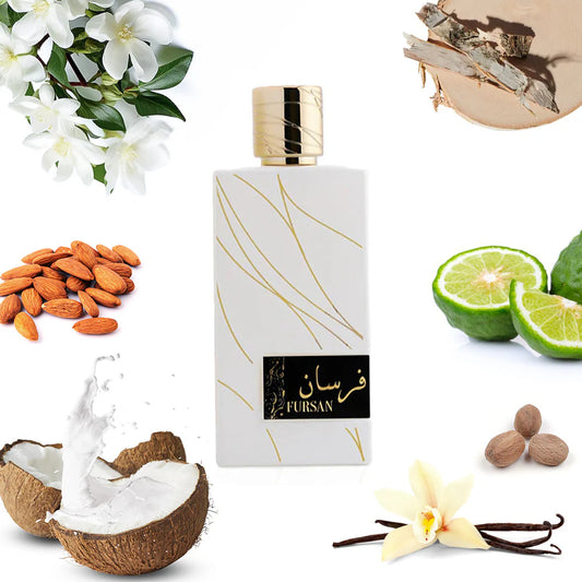 Khadlaj Fursan White Eau de Parfum 100 ml bottle – creamy floral vanilla fragrance with jasmine, amber, sandalwood, and musky base