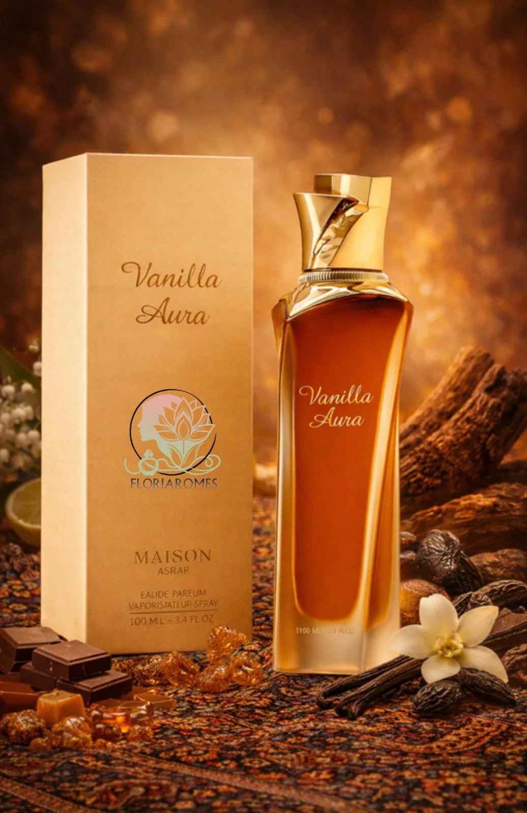 Maison Asrar Vanilla Aura Eau de Parfum 100 ml bottle – creamy vanilla gourmand fragrance with amber, sandalwood, soft florals, and musky base