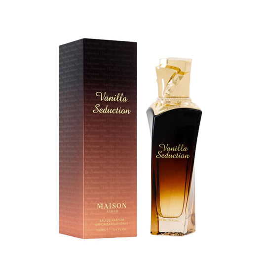 Maison Asrar Vanilla Seduction Eau de Parfum 100 ml bottle โ sweet vanilla gourmand fragrance with caramel, amber, florals, and musky sandalwood base