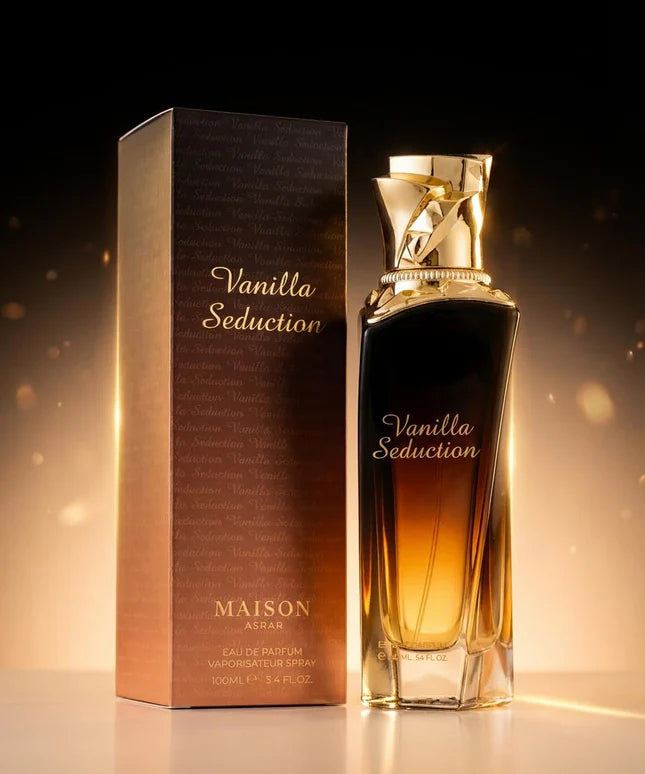 Maison Asrar Vanilla Seduction Eau de Parfum 100 ml bottle – sweet vanilla gourmand fragrance with caramel, amber, florals, and musky sandalwood base