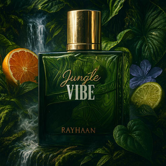 Rayhaan Jungle Vibe Eau de Parfum 100 ml bottle – fresh green woody fragrance with bergamot, lavender, cedarwood, vetiver, and musky amber base