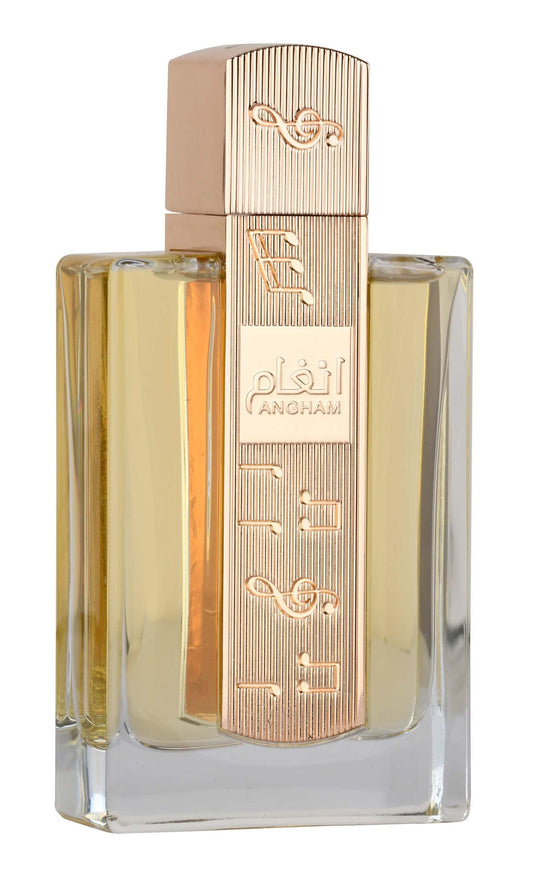 Lattafa Angham Eau de Parfum 100 ml bottle – warm vanilla gourmand fragrance with praline, cacao, amber, and musky sandalwood base