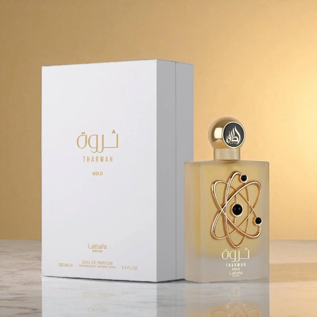Lattafa Tharwah Gold Eau de Parfum 100 ml bottle – floral musk fragrance with bergamot, jasmine, vanilla, amber, and soft woody base