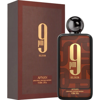 Afnan 9PM Elixir 100 ml (3.4 oz) bottle – spicy citrus woody amber musk scent with deep masculine finish.